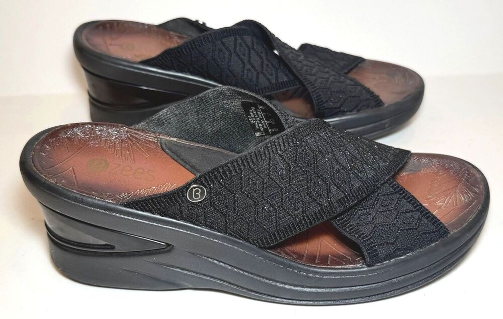 Bzees Vista Black Criss Cross Wedge Slide Sandals Comfort Women’s 8M